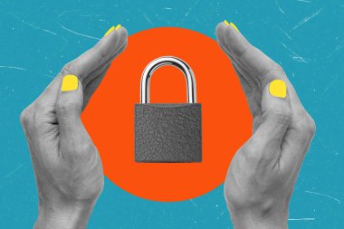 Kilitli bir el olan çağdaş sanat kolajı. Veri güvende. Verilerinizi koruma kavramı.