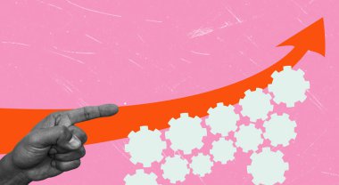 Çağdaş sanat kolajı. Yaratıcı tasarım. Erkek eli dişli ve yukarı ok ile profesyonel stratejiyi sembolize eder. İş kavramı, başarı, büyüme, takım çalışması, kariyer gelişimi. Reklam alanı oluşturuluyor