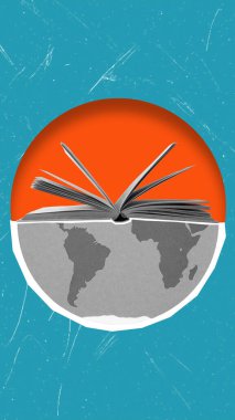 Dünya gezegeninin yer aldığı modern sanat kolajı ve kopya uzayı olan mavi arkaplan üzerine açık bir kitap. Kitap, eğitim ve öğrenim günü konsepti.