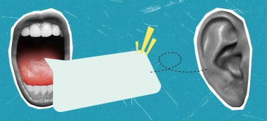 Çağdaş sanat kolajında çığlık atan bir kadın ağzı, mesaj kabarcığı ve kulak var. Konuşma, bilgi verme kavramı.