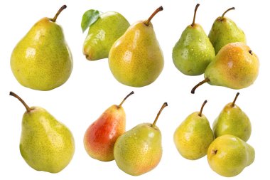 Beyaz arka planda izole edilmiş armut koleksiyonu. Lezzetli ve sağlıklı meyve kavramı.