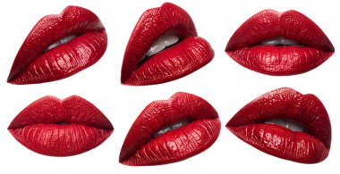 Kırmızı dudaklar ve beyaz bir arka planda öpücük. Şehvetli seksi ağız, güzel kadın dudaklarından hoşlanma kavramı.