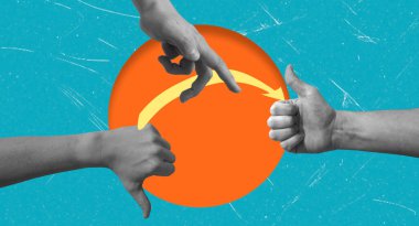 Parmakları yukarı ve aşağı uzanan eller turuncu bir çemberle parlak mavi bir arka plana karşı farklı görüşler bildiriyor. Bu görsel konuşma ve karar verme temasını iletir.