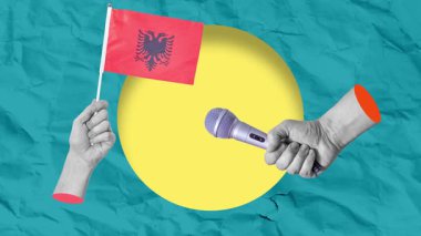 Kolaj sanatı, Karadağ bayrağını tutan el kolajı, diğer yandan mikrofon. Karadağ 'ın mavi arkaplan hakkındaki röportajı.