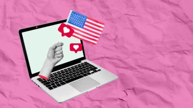 Modern sanat kolajında dizüstü bilgisayar ve Amerikan Bayrağı ile pembe arka planda pop-up beğenileri yer alıyor. Bilgisayarda iyi çalışma kavramı.