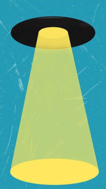 Grafik gösterimi, aşağıdaki bölgeyi aydınlatan sarı bir ışık demeti ile süzülen siyah bir UFO 'yu gösteriyor. Basit tasarım gizemli bir atmosferi vurguluyor..