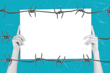 Eller, dikenli tellerle çevrili parlak mavi bir zemin üzerinde boş beyaz bir tabela tutuyor. Bu kompozisyon kısıtlamayı ve ifade özgürlüğü arzusunu sembolize eder..