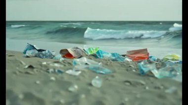 Kıyı şeridine saçılmış çöp, kirliliğin deniz ortamları üzerindeki etkisini gösteriyor. Plaj çeşitli plastik enkazlarını ortaya çıkarırken yakınlarda dalgalar çarpışıyor ve acil farkındalık ihtiyacını vurguluyor..