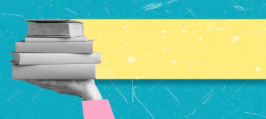 Modern sanat kolajı, elinde fotokopi alanı olan bir yığın kitap barındırır. Eğitim, öğrenme ve artan sınıflandırma kavramı.