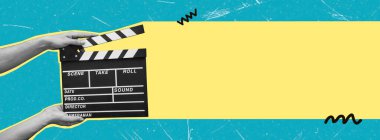 Eller klasik bir el çırpma tahtası tutuyor. Yaratıcı enerji ve canlı renklerle dolu bir stüdyo ortamında bir sonraki çekime hazır. Film yapımcılığının özünü yakalıyor..