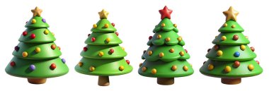 Dört çizgi film tarzı Noel ağacı canlı renkler ve eğlenceli süsler sergiler. Her ağacın tepesinde tatil sezonunun şenlik ruhunu somutlaştıran farklı bir yıldız var..