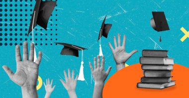 Sanat kolajı, mezun olan öğrenciler, enerjiyle dolu parlak ve dinamik bir zemin arasında başarıyı ve yeni başlangıçları simgeleyen şapkalarını neşeyle havaya fırlatıyorlar..