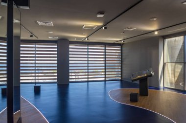 Bu çağdaş sergi alanında güneş ışığına izin veren geniş pencereler sergilenmekte ve çarpıcı bir kıyı manzarası sergilenmektedir. Oda parlak çizgiler, cilalı döşemeler ve en az mobilya ile tasarlandı..