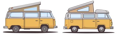 Two vintage yellow camper vans are illustrated side by side, highlighting the classic design and pop-up roofs. This scene captures the charm of road trips and outdoor adventures.