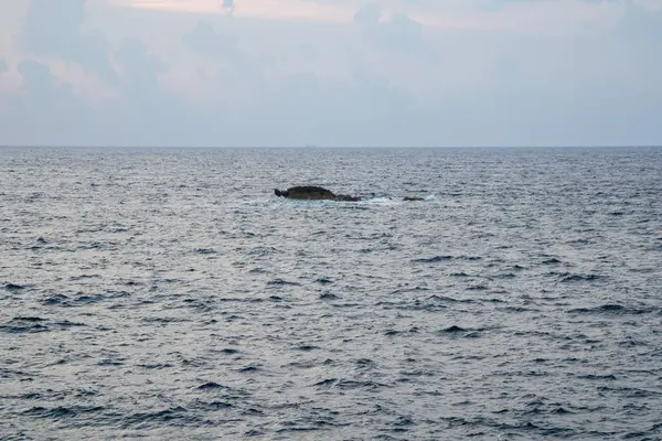 Dwejra Gozo 'daki timsah kayası. Timsah şeklindeki bir kaya oluşumu dalgalı suyla çevrili bir şekilde kısmen denize gömülür. Yukarıdaki gökyüzü yumuşak ve sessiz bulutlarla kaplı..