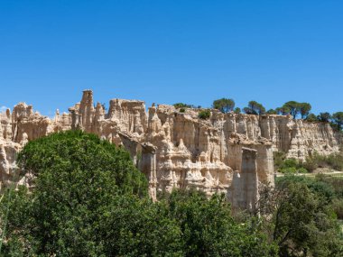 Ille sur tet 'in orgue' ları, Perpignan, Roussillon, Pyrenees Orientales, Fransa yakınlarındaki Ille-sur-tt 'de kum renkli bazalt sütun kaya oluşumu, kopyalama alanı
