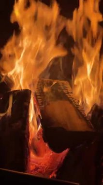 Alevli ateş, parlayan közler, geceleri büyük odunlar, dikey çekim.