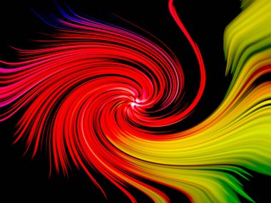 abstract swirl background on black. red line twirl out of yellow. flying feathers. clipart