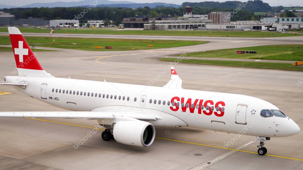 Zurich, International Airport, Switzerland-06102024: Plane of SWISS Airlines, Airbus 330 Aircraft, registration HB-JHI, moving on runway