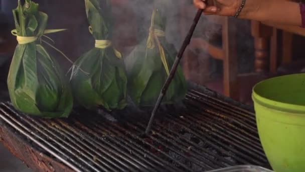 Typical Food Jungle Charcoal Grilled Meat Banana Leaves — Stock Video
