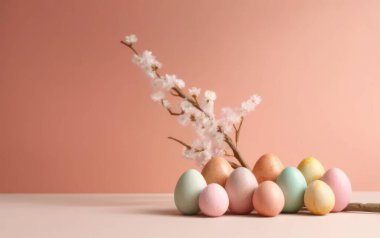 Pembe arka planda Paskalya yumurtaları. Düz yatış stili. Üretici yapay zeka