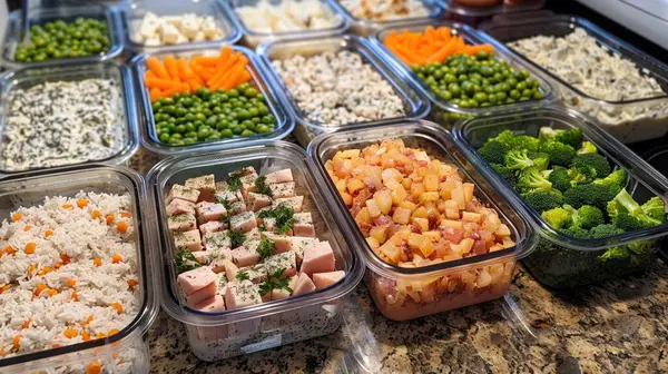 Meal prep for a week of intense training, variety of nutritious, portion-controlled meals