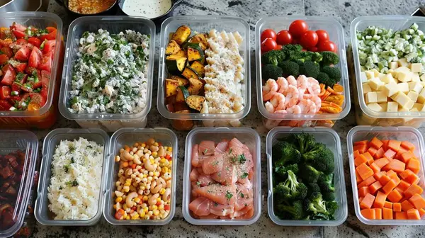 Meal prep for a week of intense training, variety of nutritious, portion-controlled meals