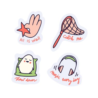 Komik karalama karakteri çizimi olan sevimli kawaii çıkartma koleksiyonu