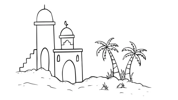 ラマダーン カレーム手描きのヴィンテージベクトルイラストとアラビアモスク建築の背景 — ストックベクタ