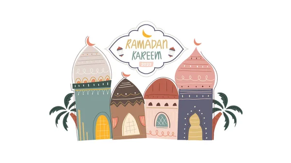 Ramadan Kareem Islamski Wektor Ilustracja Tło Arabski Meczet Architektura Ręcznie — Wektor stockowy