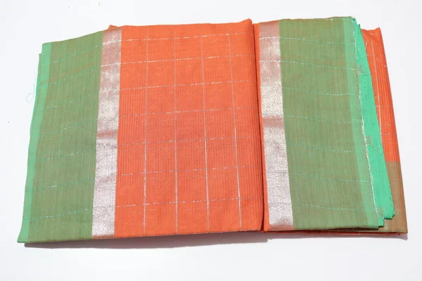 Traditional female Orange Colour Handmade Work Saree Isolated on White Background