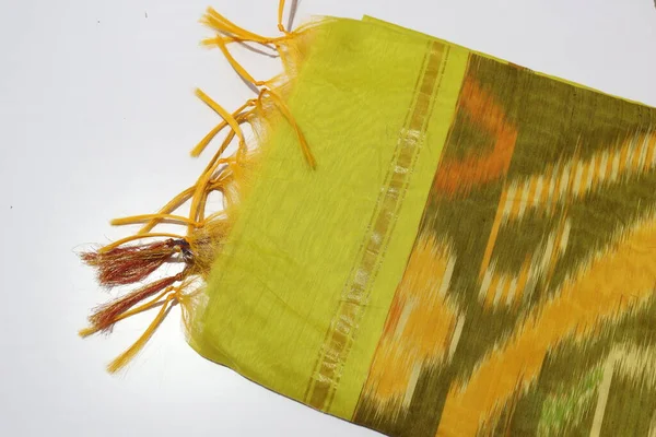Traditional Female Yellow Colour Handmade Work Saree Isolated White Background — Stock Photo, Image
