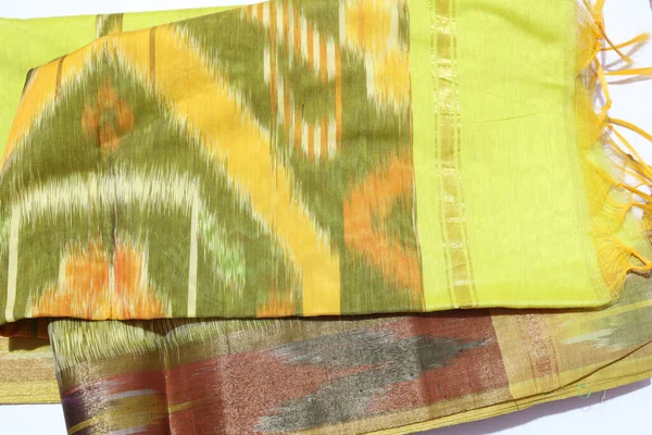 Traditional Female Yellow Colour Handmade Work Saree Isolated White Background — Stock Photo, Image