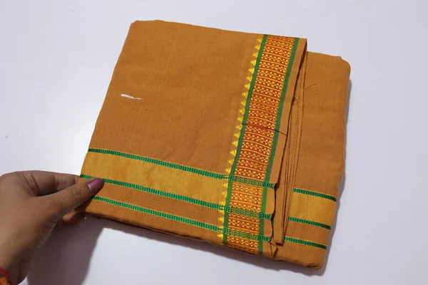 Traditional Female Orange Colour Handmade Work Saree Isolated White Background — Stock Photo, Image