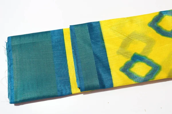 Traditionell Blå Gul Färgad Handgjort Arbete Saree Isolerad Vit Bakgrund — Stockfoto