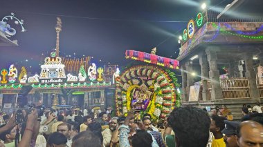 Hindistan 'ın Tamil Nadu şehrinde Thiruvannamalai' de Arunachalesvara Swamy Tapınağı Karthika Deepam Festivali 'nde çiçeklerle süslenmiş kutsal Hindu tanrısı putuna tapan insanların gece görüşü.