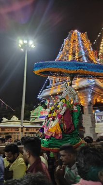 Hindistan 'ın Tamil Nadu şehrinde Thiruvannamalai' de Arunachalesvara Swamy Tapınağı Karthika Deepam Festivali 'nde çiçeklerle süslenmiş kutsal Hindu tanrısı putuna tapan insanların gece görüşü.