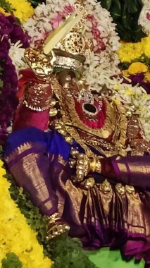 Hindistan 'ın Tamil Nadu kentindeki Thiruvannamalai' de Arunachalesvara Bataklık Tapınağı Karthika Deepam Festivali 'nde çiçek çelengi ile süslenmiş kutsal Hindu tanrısı putu.