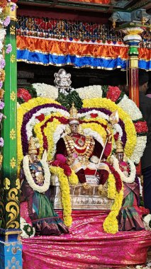 TAMIL NADU, INDIA - NOVEMBER 26, 2023: İnsanlar Hindistan 'ın Tamil Nadu kentinde düzenlenen Thiruvannamalai' de Arunachalesvara Swamy Tapınağı Karthika Deepam Festivali 'nde çiçek desenli kutsal Hindu tanrısı putuna tapıyorlar.