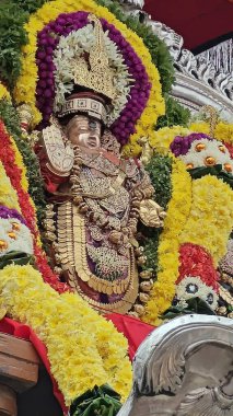 TAMIL NADU, INDIA - NOVEMBER 26, 2023: Hindistan 'ın Tamil Nadu kentindeki Thiruvannamalai' de Arunachalesvara Swamy Tapınağı Karthika Deepam Festivali 'nde çiçek çelengi ile süslenmiş kutsal Hindu tanrısı idolü