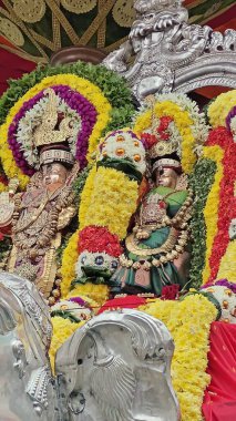 Hindistan 'ın Tamil Nadu kentindeki Thiruvannamalai' de Arunachalesvara Bataklık Tapınağı Karthika Deepam Festivali 'nde çiçek çelengi ile süslenmiş kutsal Hindu tanrısı putu.