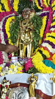 Hindistan 'ın Tamil Nadu kentindeki Thiruvannamalai' de Arunachalesvara Bataklık Tapınağı Karthika Deepam Festivali 'nde çiçek çelengi ile süslenmiş kutsal Hindu tanrısı putu.