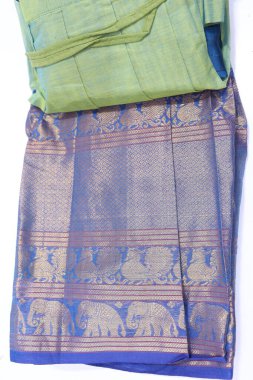 women Traditional Handmade Work Two Tone Light Green and Blue Colour Cotton Half Saree Isolated on White Background clipart