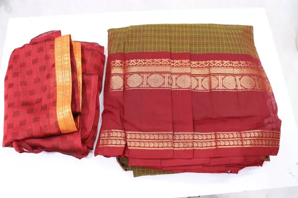 stock image women Traditional Handmade Work Manthalir and Maroon Colour Cotton Half Saree Isolated on White Background