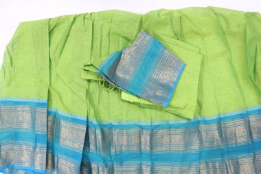 women Traditional Handmade Work  Light Green and Blue Colour Cotton Half Saree Isolated on White Background clipart