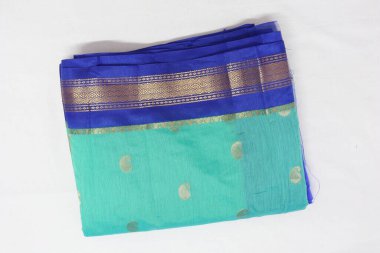 women Traditional Blue Colour Silk Saree Isolated on White Background clipart