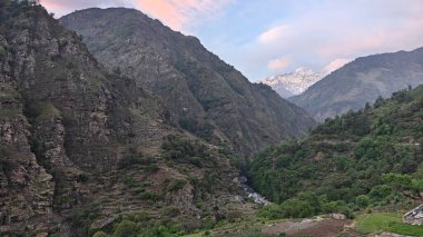 Himalaya dağlarının günbatımında yeşil bitki örtüsüyle kaplı manzarası