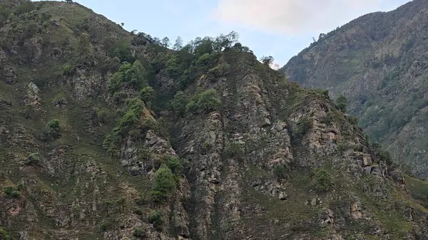 Himalaya dağlarının günbatımında yeşil bitki örtüsüyle kaplı manzarası