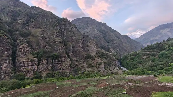Himalaya dağlarının günbatımında yeşil bitki örtüsüyle kaplı manzarası