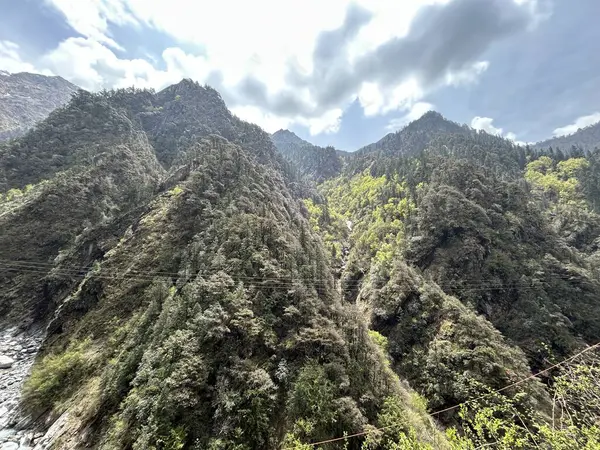 Parçalı bulutlu gökyüzünün altında yemyeşil bitki örtüsüyle kaplı dağların güzel manzarası.